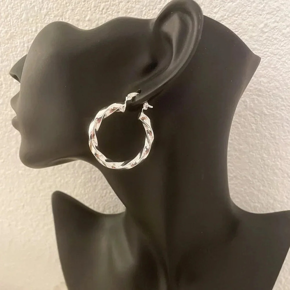 925 Sterling Silver Chunky Hoop Earrings Small Hoops Twist Spiral Hoop Earrings - Picture 4 of 6